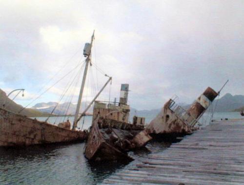 2 delvis sunkne hvalfangerbåde sådan så de også ud 1963 (lånt foto)